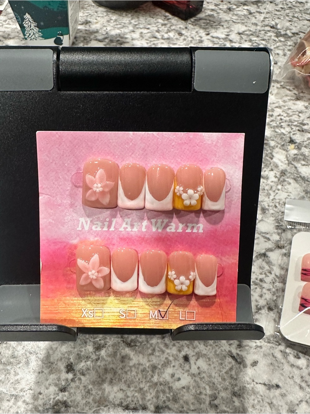 Nude Pink French Tip Press-On Nails with Floral Accent